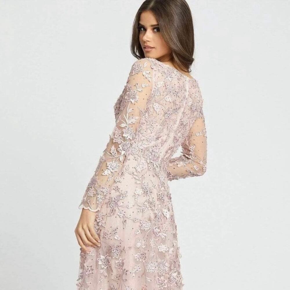 Mac Duggal Pink Floral Applique Illusion Long Sleeve Gown 70224 Sz 6 NWT - Picture 4 of 9
